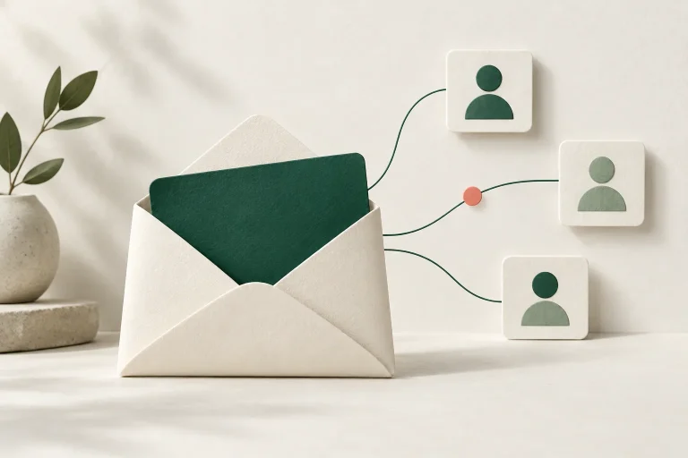 Illustration d’une enveloppe reliée à trois fiches de contacts, dans des tons verts et ivoire.
